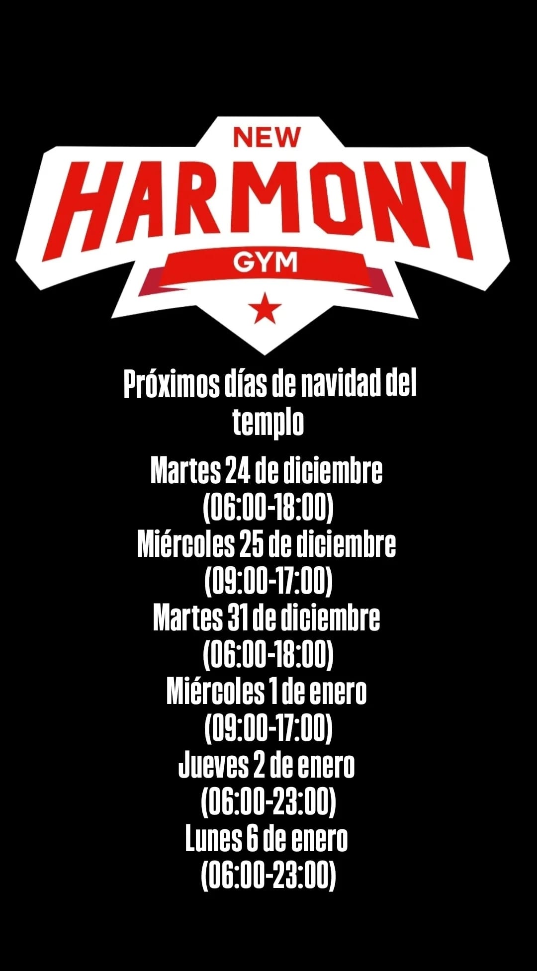 Horarios del Gimnasio Fiestas Navideñas, Noche Vieja y Reyes Magos